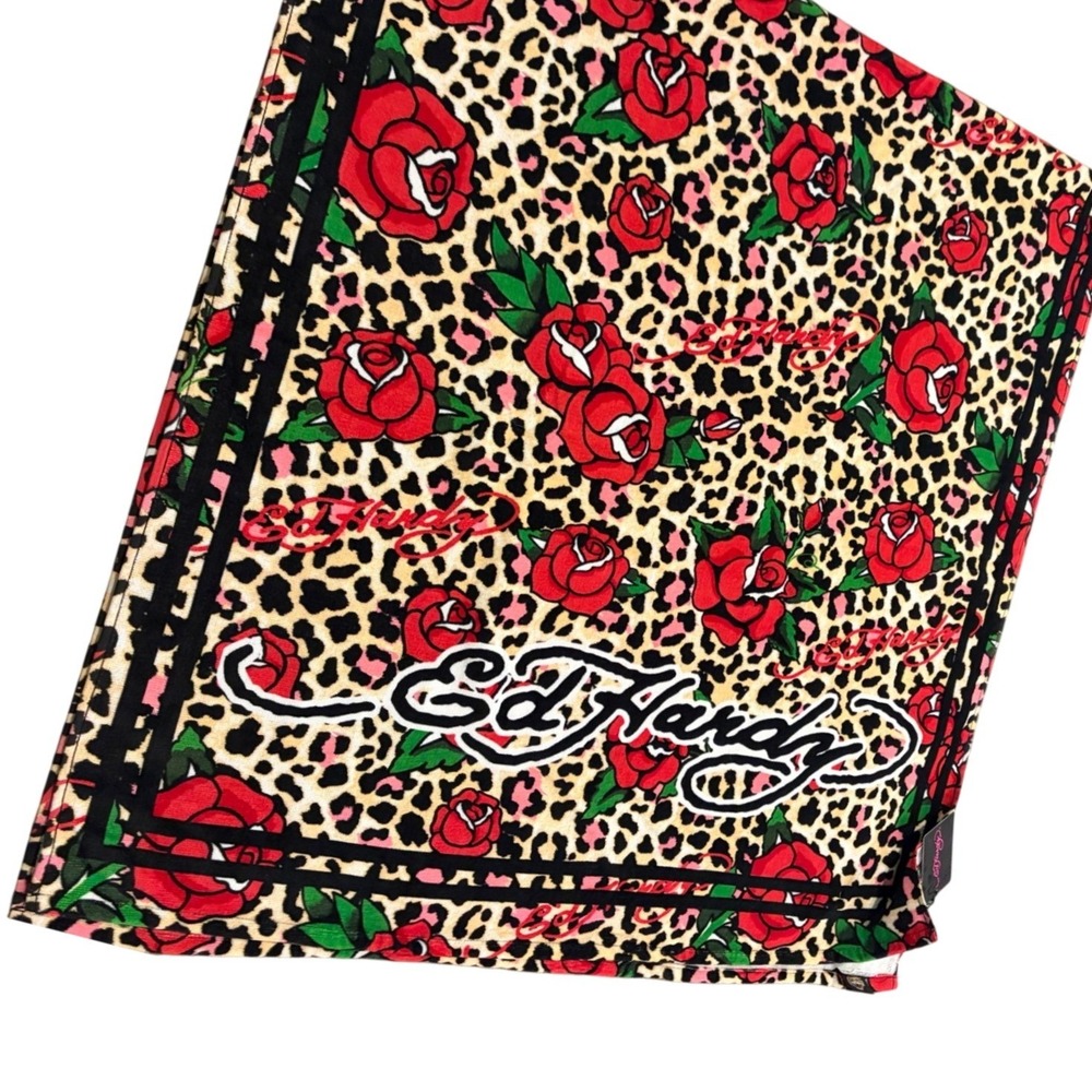 Ed Hardy Leopard Rose Beach Towel‎ 36x72 Tattoo Graphic Cotton Velour New